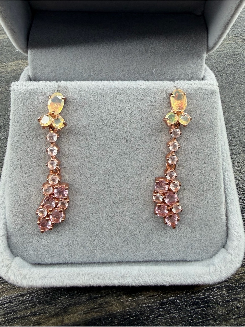 14K Rose Gold Dangle Earrings Natural  Fire Opal Pink Tourmaline Rose Quartz
